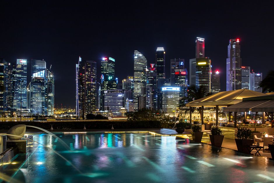 Singapore Skyline Marina Bay Sands Rooftop Infinity Pool and Enterprise Agency Scale